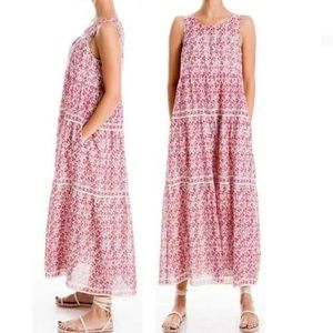 Max Studio Birch & Scarlet Bird of Paradise Tiered Maxi Dress Boho